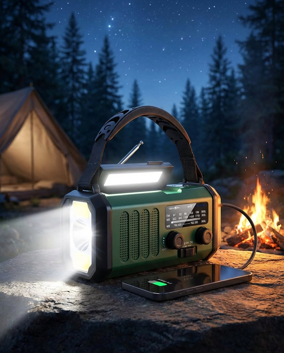 Soldriven nödradio & Powerbank vevradio | LED-ficklampa