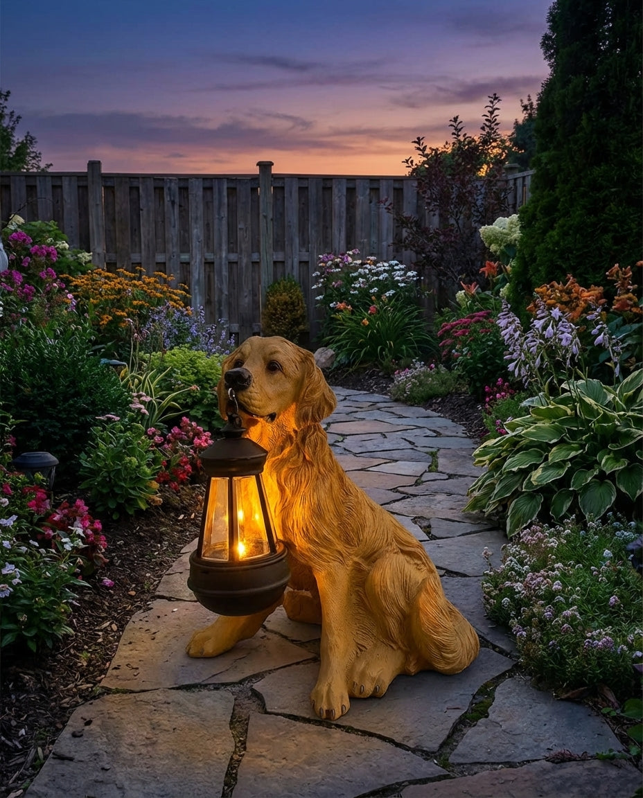 Soldriven hundfigur med LED-lykta | Vädertålig
