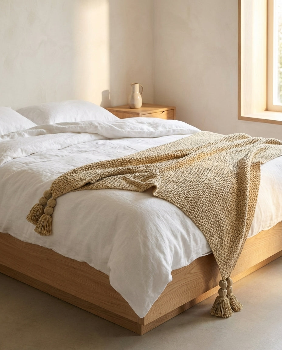 Stickad ullpläd med tofsar | Nordic Warmth