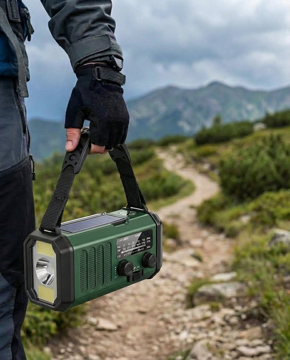 Soldriven nödradio & Powerbank vevradio | LED-ficklampa
