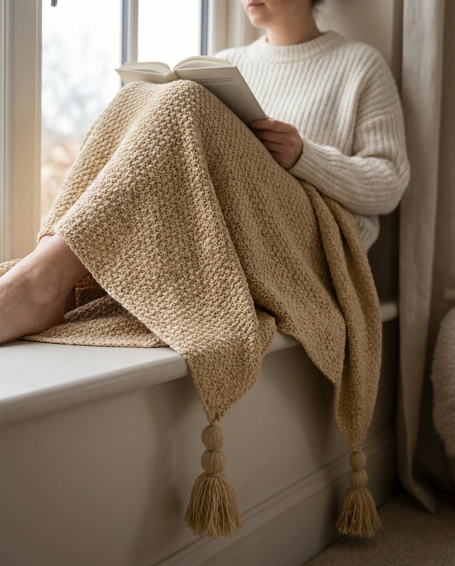 Stickad ullpläd med tofsar | Nordic Warmth
