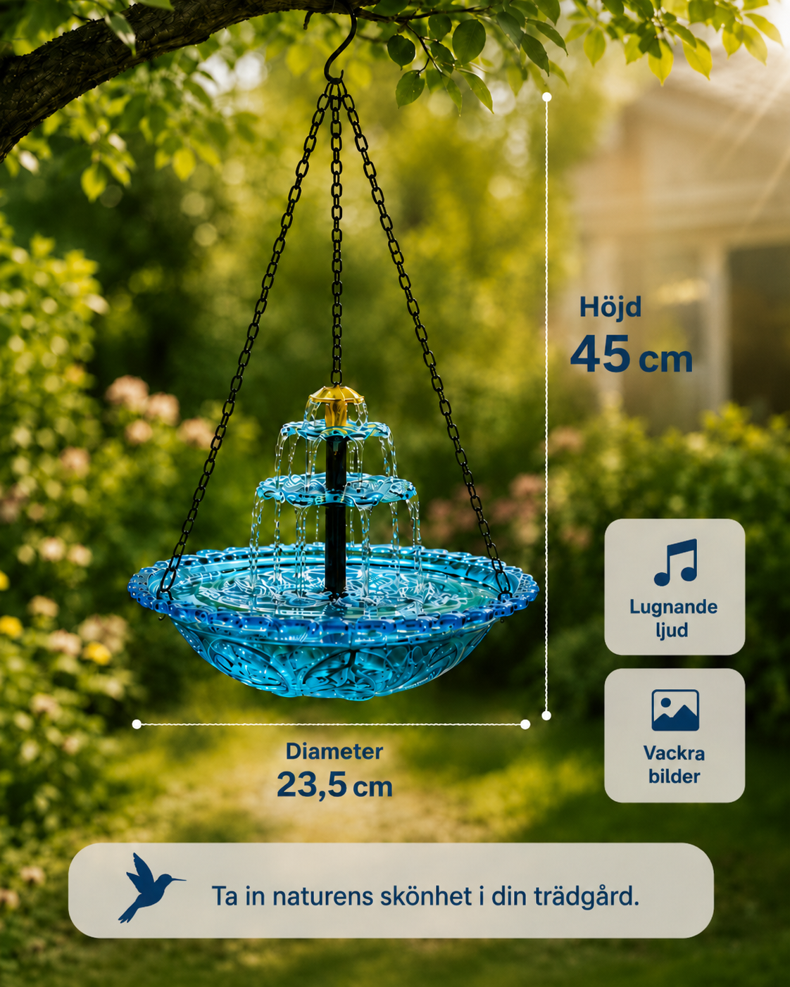 Sereneflow soldriven kaskadfontän med fågelbad