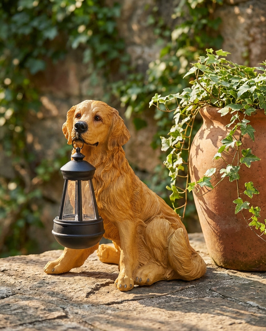 Soldriven hundfigur med LED-lykta | Vädertålig