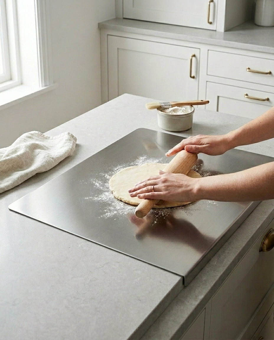 Skärbräda i rostfritt stål med stänkskydd – SteelSlice