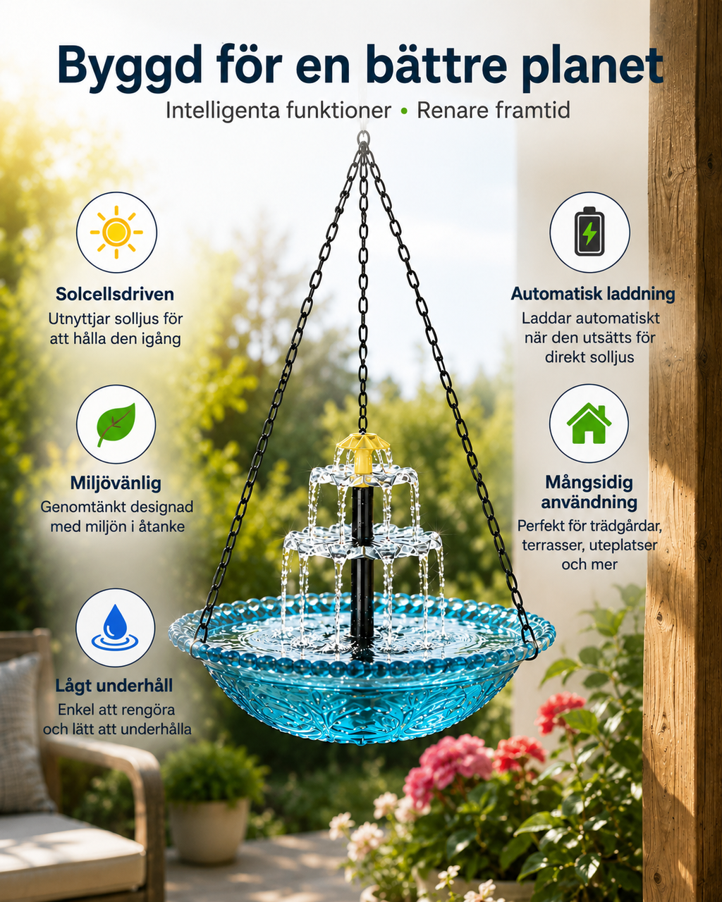 Sereneflow soldriven kaskadfontän med fågelbad