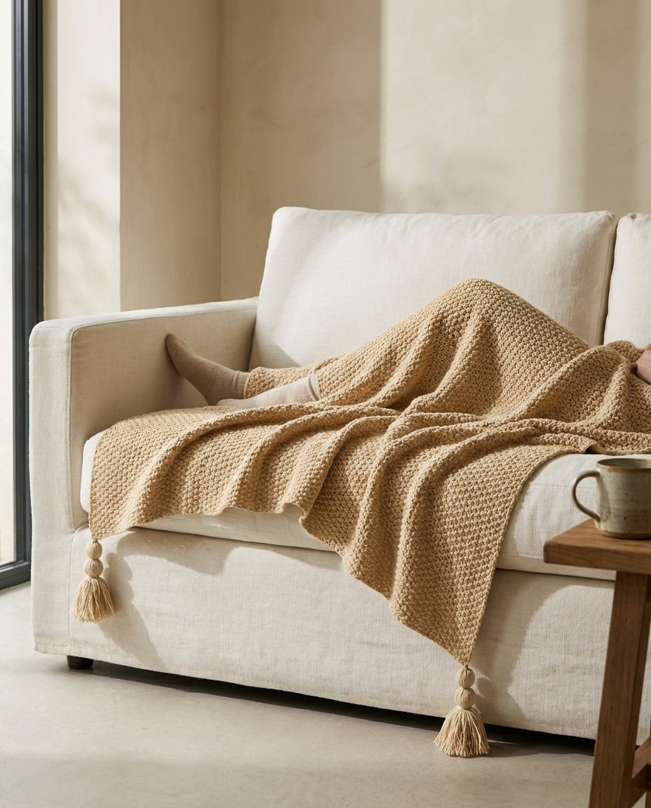 Stickad ullpläd med tofsar | Nordic Warmth