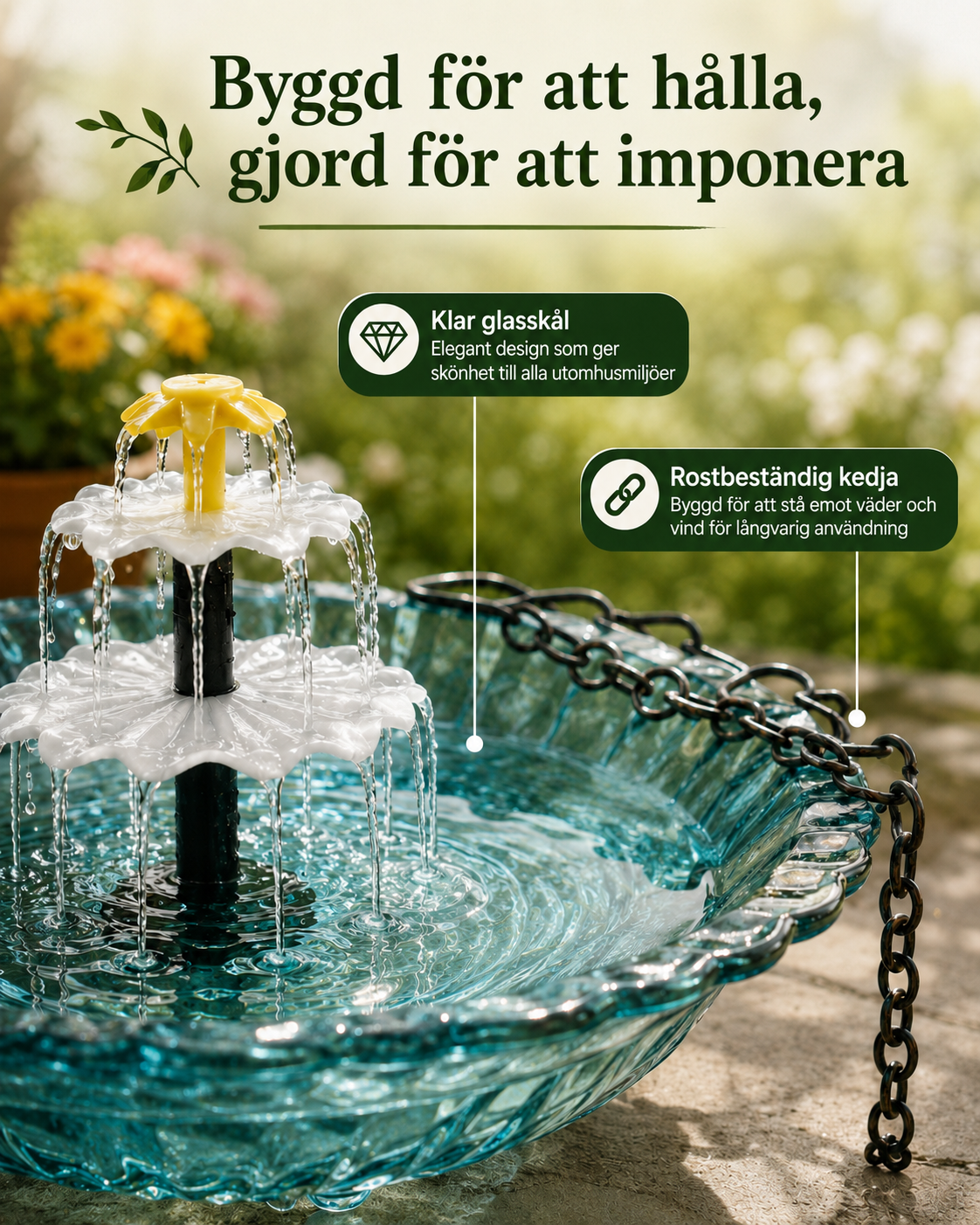 Sereneflow soldriven kaskadfontän med fågelbad