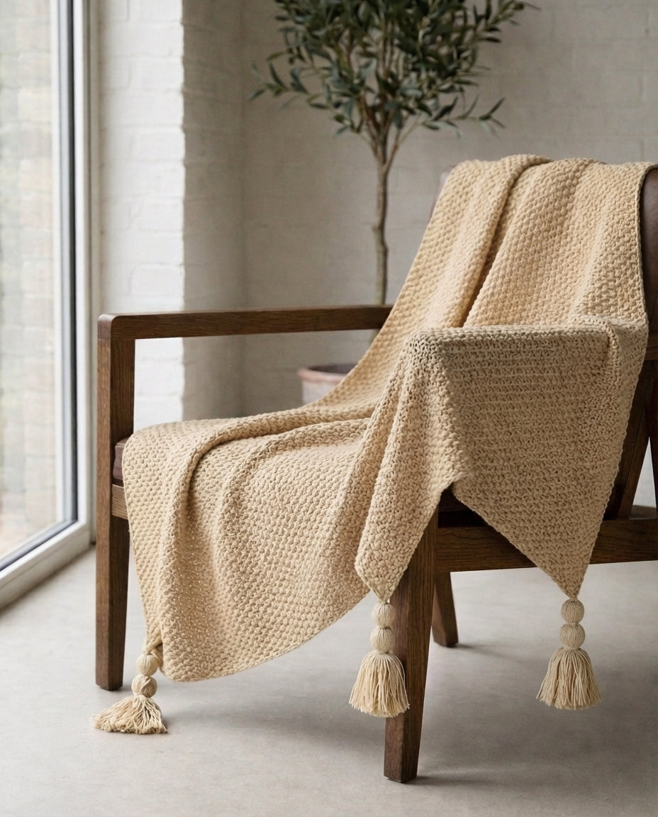 Stickad ullpläd med tofsar | Nordic Warmth