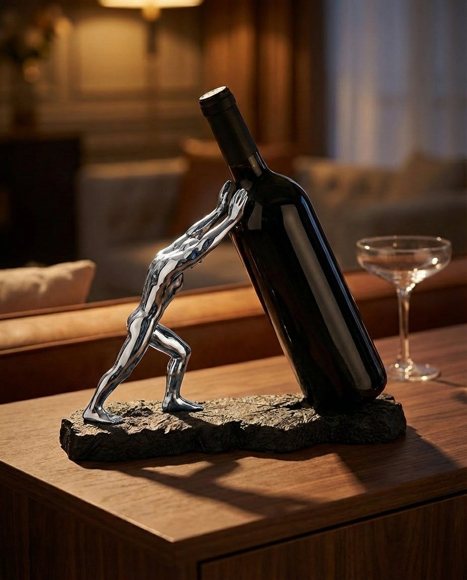 Vinflaskhållare – Skulptural metallisk displayställ