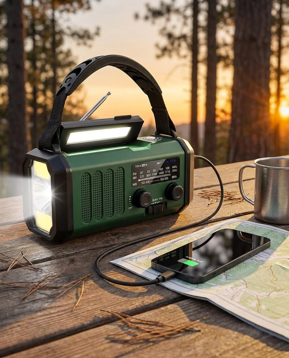 Soldriven nödradio & Powerbank vevradio | LED-ficklampa